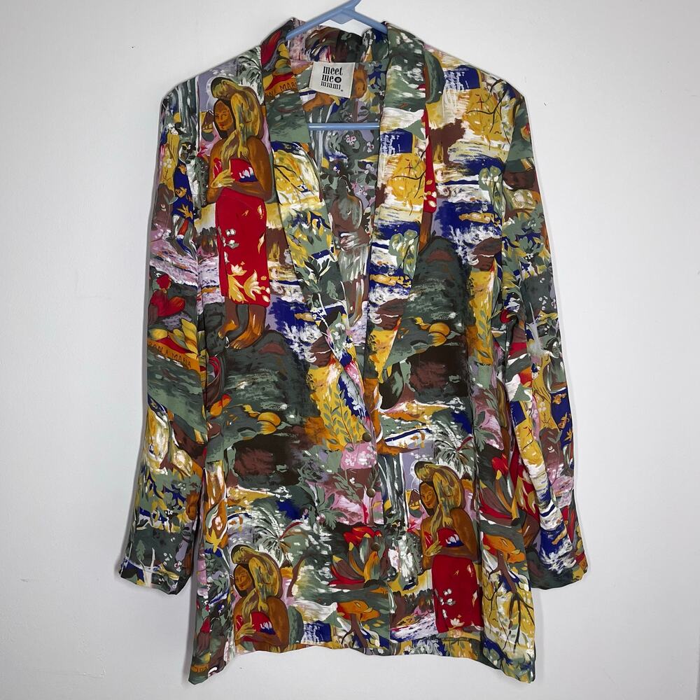 Vintage Abstract Statement Lightweight Blazer Bold Multicolor Art Print Jacket